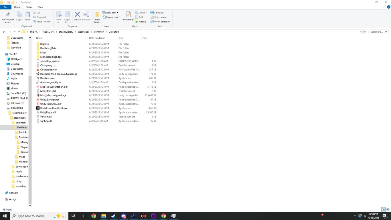 The Devilated folder before modding-proper. After BepInEx is installed, winhttp.dll and the BepInEx folder join Devilated.exe here.