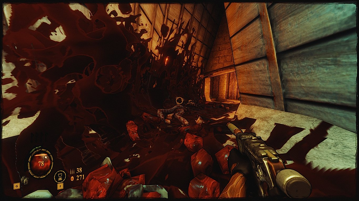 GoreAtmosFX live — a wall drenched in lasting blood that no longer fades.